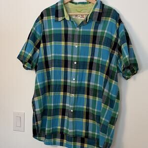 G&M Men’s 2XL Blue Green Yellow Black Plaid Cotton Button-Up Short Sleeve